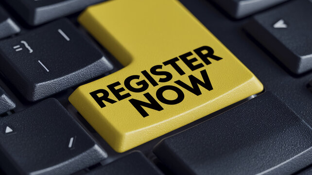 Close-up of yellow keyboard key with black text "Register Now", showcasing online registration concept, ideal for website banner or button mockup