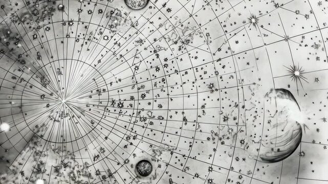 Complex celestial map drawn in pencil, intricate constellations and star positions, subtle gradients shading the cosmos, delicate planetary details,
