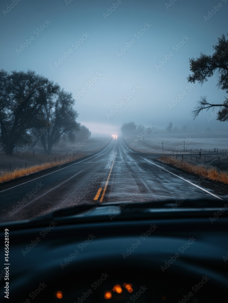 Leinwandbilder foggy road at dawn viewed from a windshield, revealing a serene yet mysterious atmosphere with light