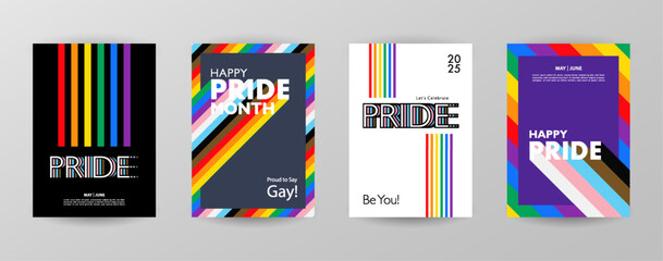 Pride Month Templates for Posters, Flyers and Stories with Pride Flag Backgrounds and LGBTQIA Pride Month Typography. Vector Concept illustration for Pride.