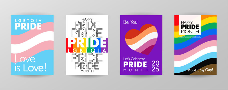 Pride Month Templates for Posters, Flyers and Stories with Pride Flag Backgrounds and LGBTQIA Pride Month Typography. Vector Concept illustration for Pride.
