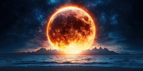 A fiery, glowing moon rises dramatically over the ocean with stars and mountains in the background, creating a surreal nightscape.