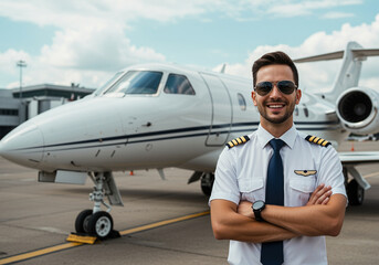 Pilot Posing in Front of Private Jet on Airport Runway. Smiling pilot in sunglasses stands with crossed arms near white airplane on sunny day