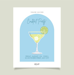 Summer cocktail party, event invitation card. Alcoholic drink menu. Cartoon flat style illustration