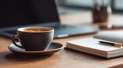 Fototapeta premium A steaming cup of coffee sits beside a laptop and notebook on a wooden desk, ready for work.
