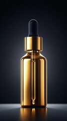 Fototapeta premium Close-up of a luxurious golden dropper bottle with black rubber top and shiny reflective surface, isolated on dark gradient background for cosmetic product display