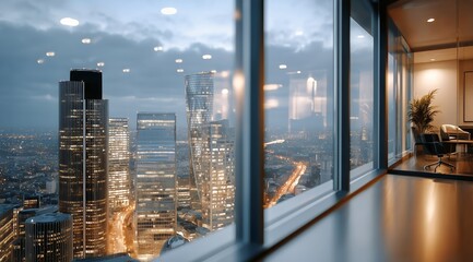 Night View of a Modern High-Rise Interior With City Lights and Cloudy Sky Visible Through Large Windows