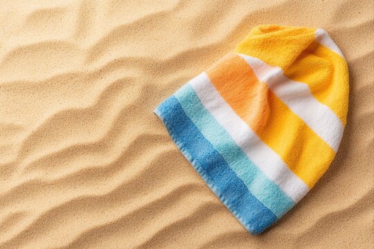 Striped towel on sand, summer vacation concept. use cases: travel blogs, beach product promotion, vacation planning materials.