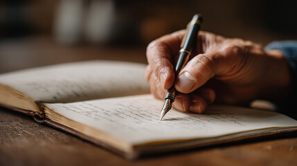 An elegant hand uses a fountain pen to write in an old journal, capturing a moment.