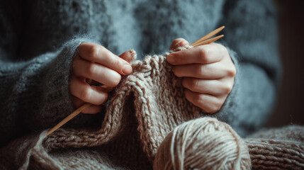 Close-up shows hands crafting a knitted piece with needles and soft yarn in warm tones.