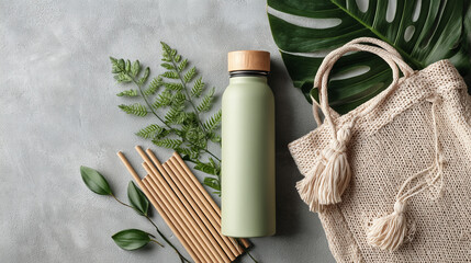Reusable water bottle, natural bag, and sustainable elements create a healthy living scene.