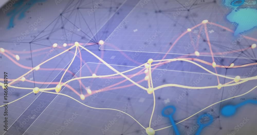 Poster 3d render showing glowing nodes flowing along curving data lines, wireframe grid and keyhole icons