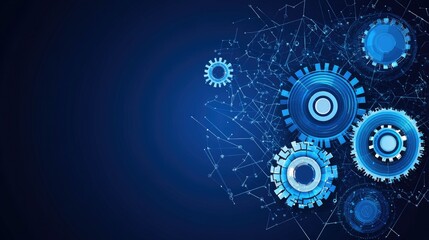 Abstract representation of interconnected gears in a dark blue background.