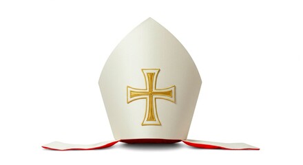 Fototapeta na wymiar A mitre with a golden cross on a white background for religious purposes and papal traditions shown