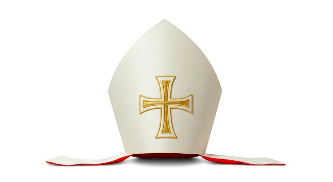 A mitre with a golden cross on a white background for religious purposes and papal traditions shown