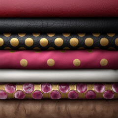 A stack of fabrics with a gold and black polka dot pattern