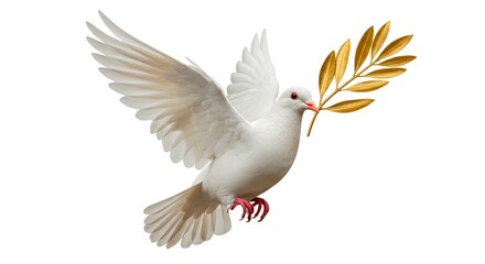 Fototapeta premium A white dove flying with a golden olive branch in its beak against a white background studio shot
