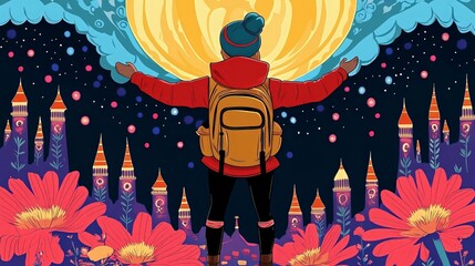 Adventurous traveler under night sky with full moon and dreamlike cityscape
