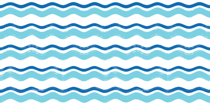 Seamless Wave Pattern, Brush stripes water sea vector background. Wavy beach print, watercolor curly paint lines