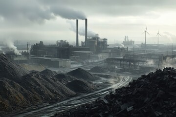 Obraz premium Industrial complex with smoke stacks on a white background