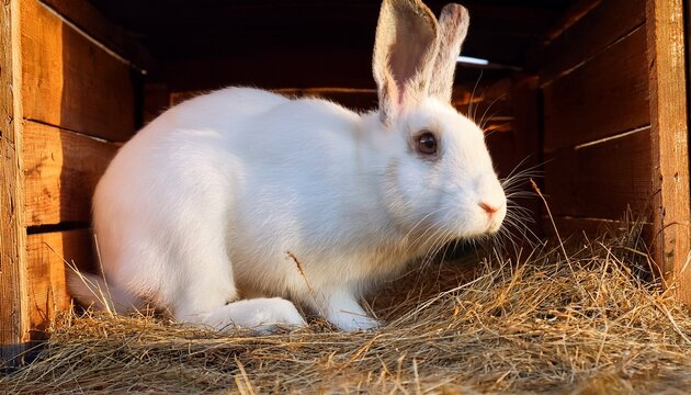 white hotot rabbit in the hutch on dry grass