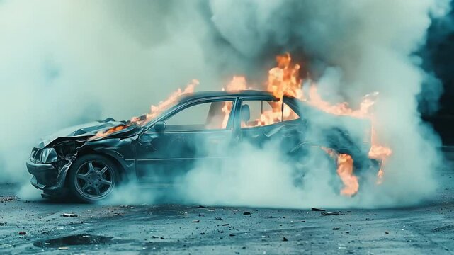 Burning car wreckage with dramatic smoke clouds and fire consuming the interior and rear section. Destroyed vehicle with smoke and flames against teal-tinted backdrop depicting catastrophic damage.