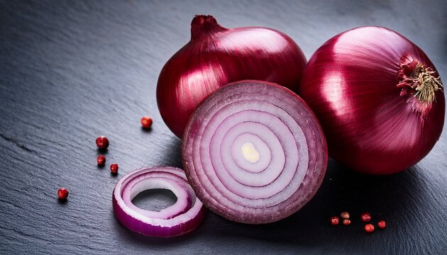 red onions and quercetin on slate background