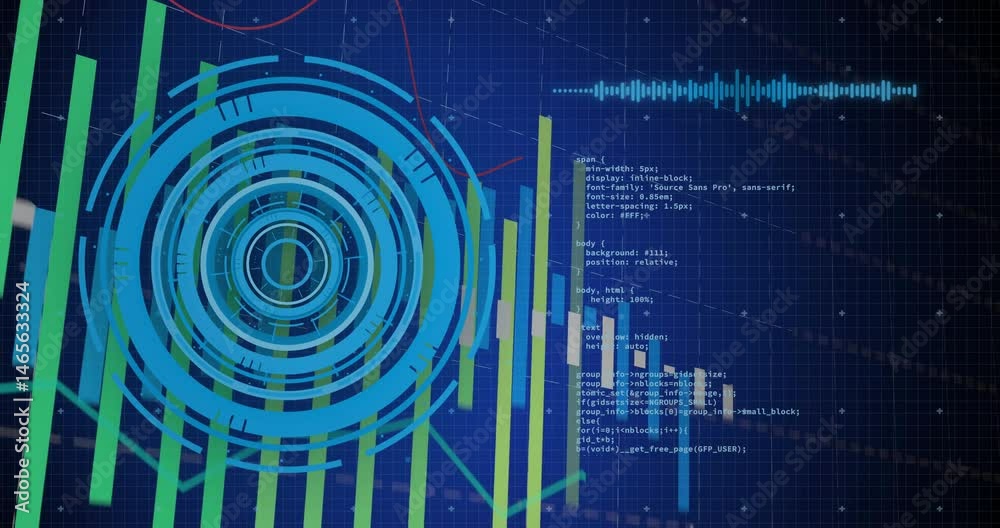 Poster displaying concentric radar circles with rising bars, floating waveform overlaid code on dark grid