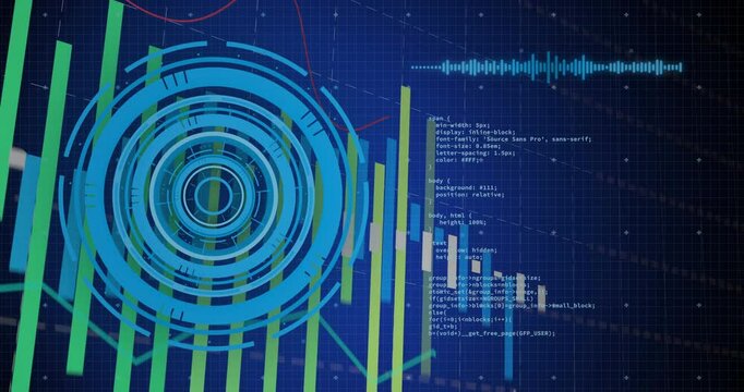 Displaying concentric radar circles with rising bars, floating waveform overlaid code on dark grid