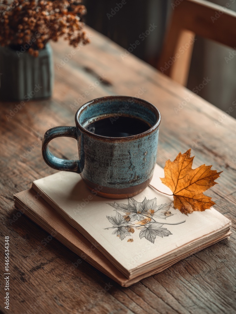 Aufkleber cozy warm mug beside vintage notebook featuring falling leaf sketch during autumn afternoon generati