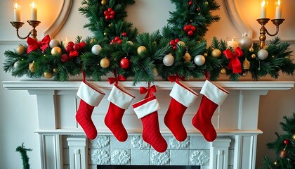 christmas stockings hanging from a mantel over a fireplace