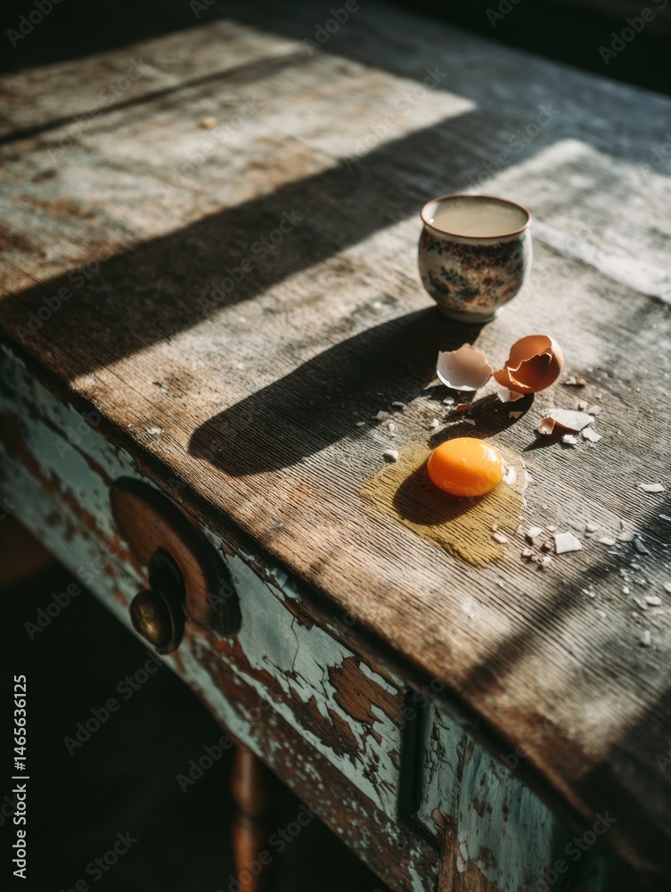 Aufkleber Sunbeam Illuminates Vintage Table With Broken Shell and Fresh Yolk During Morning Hours in a Rustic Setting Generative AI