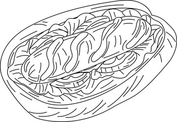 Hotdog in bun hand-drawn fast food sketch vector illustration