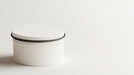 Minimalist round white container with black trim on a plain white background suitable for packaging storage or product display design