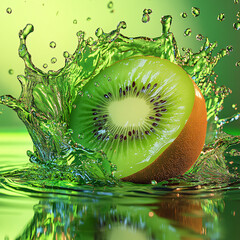 Fresh green kiwi fruit slice in a water splash shows its juicy and healthy nature