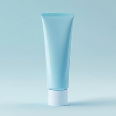 Clean skincare cosmetic tube with a minimalist design, soft pastel blue color, smooth surface, simplified packaging, and no ing on plain background