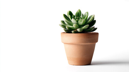A charming succulent, planted in a terracotta pot, set against a clean white backdrop.