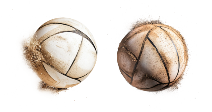 High-performance volleyball with sand particles mid-spike