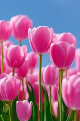 Obraz premium Vibrant Pink Tulips Bloom Under Clear Blue Sky in Spring Garden Filled With Color