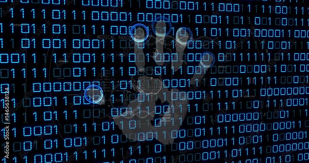 Poster animated 3d biometric handprint hovering over glowing binary grid, highlighting fingertip scanning