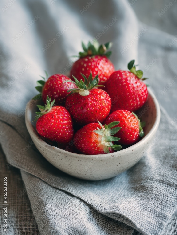 Leinwandbilder fresh strawberries arranged in a small ceramic bowl on a soft linen cloth setting generative ai