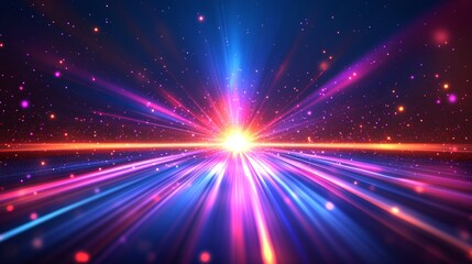 Obraz premium A starburst or sunburst effect in rainbow colors takes center stage on a transparent background, surrounded by abstract rainbow halo rays, anime-style burst light rays, and holographic lens flare