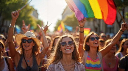 Pride parade crowd. Enthusiastic diverse crowd waving rainbow flags during LGBTQ+ pride parade. Summer celebration with joyful expressions and movement