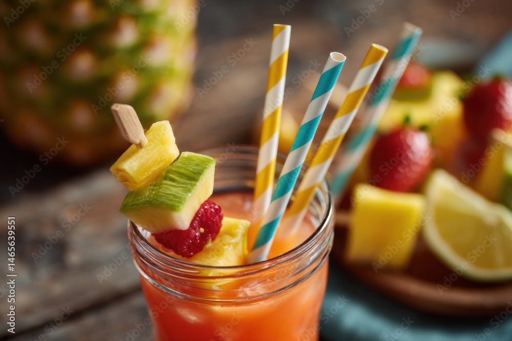 Poster Refreshing Tropical Drink With Colorful Paper Straws and Fruit Skewers on a Wooden Table Generative AI