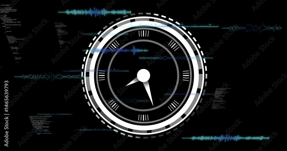 Poster futuristic circular gauge rotating, displaying drifting code text and teal waveforms in flat design