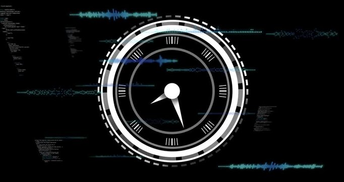 Futuristic circular gauge rotating, displaying drifting code text and teal waveforms in flat design