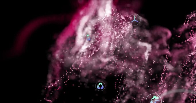 Swirling particle cloud showing floating code snippets and circular eco icons in 3D animated render