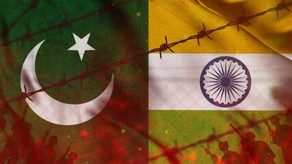 Behind Barbed Wire with Soldier Silhouettes 4K Animation Video Clip, India vs Pakistan standing against each other with a war atmosphere. Conflict between India vs Pakistan. 
