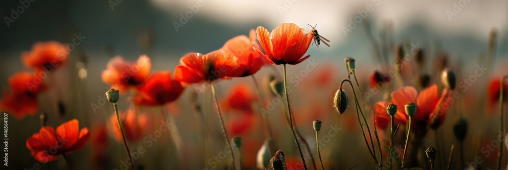 Aufkleber Vibrant Poppy Field With Sharp Focus on an Insect Resting on a Flower During Golden Hour Generative AI
