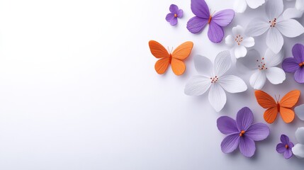The template for a spring season holiday greeting card features a design that incorporates flowers, including chamomile, violet, and crocus, as well as jasmine and camomile, with a butterfly and a